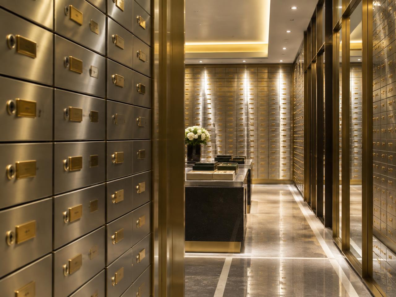 Rows of private safe deposit boxes